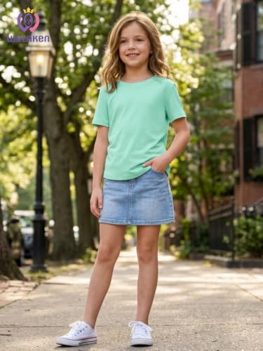 Image of WELAKEN Girls Soft T-Shirt with Curved Hem, Breathable Stretchy Rayon Crewneck Short Sleeve Tees, Kids Everyday Basic Top