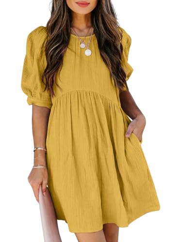 Image of Dokotoo Womens Summer Crewneck Puff Sleeve Babydoll Elegant Empire Waist Mini Swing Skater Dresses with Pockets