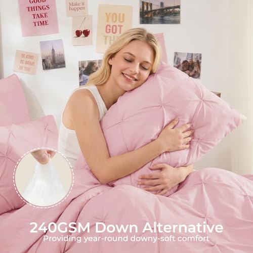Image of Sasttie Twin Comforter Set, 5-Piece Bed in a Bag, Pintuck Bedding Sets for All Season, Includes Comforter, Flat Sheet, Fitted Sheet, Pillowcase and Pillowsham, Baby Pink