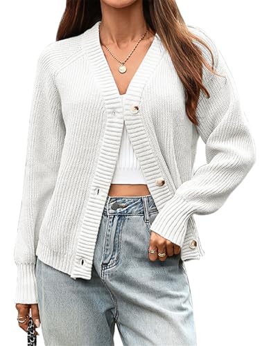 Cardigan Mujer Punto Grueso Invierno Chaqueta Abierta Suave con Botones Rebeca Cálida Cuello en V para Otoño e Invierno Casual Elegante L Blanco
