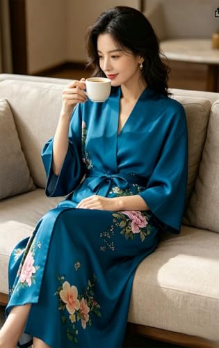 Image of Women's Classic 100% Silk Kimono Robe, Bathrobe-Printed Pattern