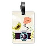 Illustration Vogel-Grußkarte auf Kamera, Koffer, Taschen-Anhänger Tourister Identifikationsetikett