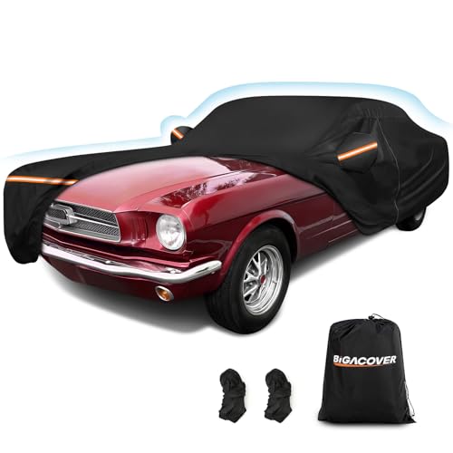 BIGACOVER Car Cover for Ford Mustang 1964-1968 Waterproof 210D Oxford All Weather Full Car Cover Fits Classic First Gen Coupe Fastback Convertible Windproof with Zipper & Reflective Strips Black
