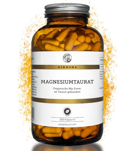 QIDOSHA Magnesium-Taurat 300 Kapseln im Apotheker-Glas 850mg Magnesiumtaurat je Kapsel jede Charge laborgeprüft deutsche Fertigung