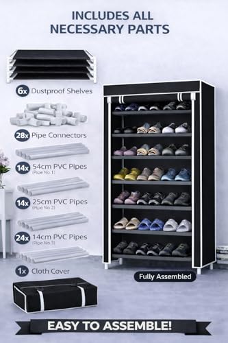 Image of 6 Layer Plastic Shoe Rack with Cover for Home & Bedroom (Black) | Space-saving 6 layer shoe rack for home