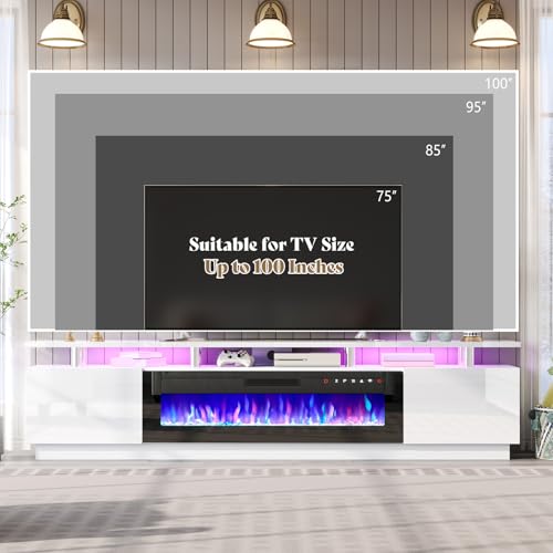 Image of AMERLIFE 90 inch High-Gloss Fireplace TV Stand with 50 inch Electric Fireplace | White /Black LED TV Console, Modern Living Room Entertainment Center, Fits TVs up to 100 inch, 2 Cabinets, 2-Tier Storage Space