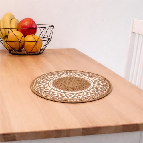 Image of Classyo Cotton Coasters for Dining Table, 10 inch (Brown Design, Pack of 2) | Round Placemats for Hot Pots, Plates and Pans | Dining Table Placemats | Dining Table Mat | Washable Round Table Mats
