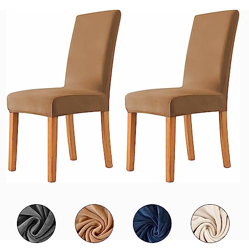 INFOSUN Dining Chair Slipcovers Velvet Dining Room Chair Cover Set of 2 Stretch Velvet Fabric Chair Slipcover Removable Washable Chair Protector for Home Restaurant Banquet -(2 Pack Camel)