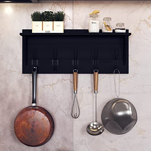 Wall Mounted Coat Rack Shelf, Rustic Wooden Country Style 24" Entryway Shelf With 5 Rustic Hooks Featuring Solid Pine Wood. Perfect Touch For Your Entryway, Mudroom, Kitchen, Bathroom And More, Black #TOP5