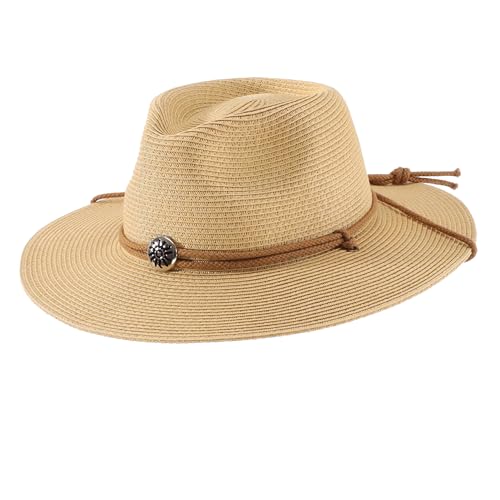 Image of Home Prefer UPF50+ Men's Wide Brim Straw Fedora Sun Hat with Badge Lanyard