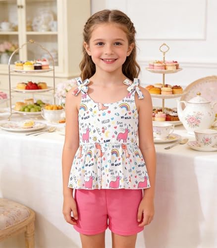 Image of Toddler Girls Clothes Summer Short Set Outfit Tie Knot Shoulder Sleeveless Ruffle Tops and Shorts 2PC Clothing Set