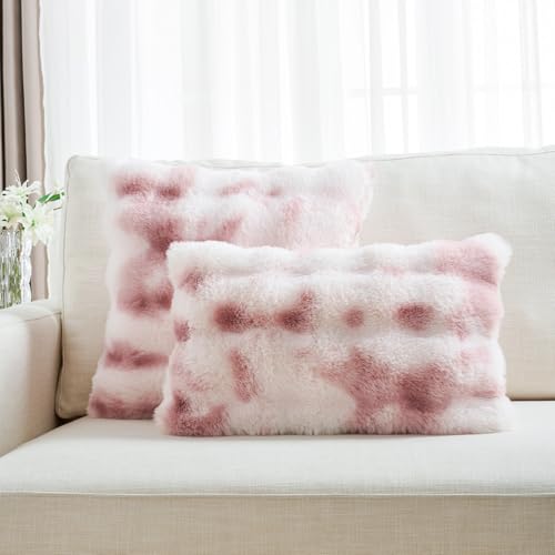 FUTEI Pink White Decorative Throw Pillow Covers 24x24 Inch Set of 2,Soft Fuzzy Faux Rabbit Fur European Cushion Covers with Raised Texture,Neutral Boho Home Decor for Couch Bed Living Room