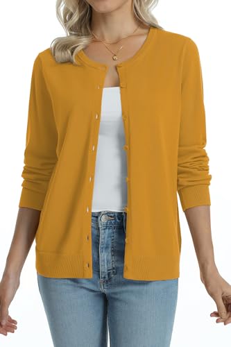 Image of QUALFORT Women's 100% Cotton Lightweight Cardigans Long Sleeve Knitted Button Down Sweater