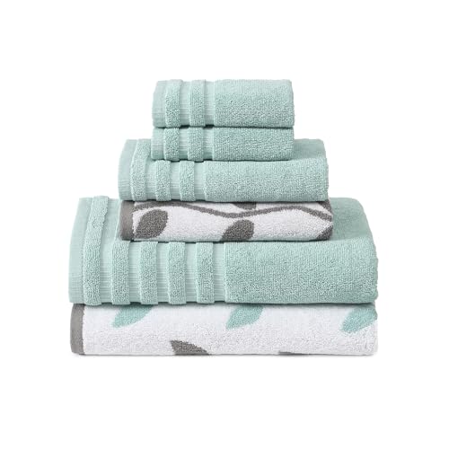 Modern Threads Organic Vines 6-Piece 100% Cotton Towel Set – Yarn Dyed Jacquard & Solid – Includes 2 Bath Towels, 2 Hand Towels, 2 Washcloths – Absorbent, Quick Dry, Soft & Durable – Aqua