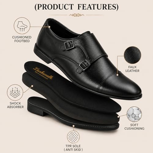 Image of Men's Double Monk Strap Formal Shoes | Cap Toe Design, Polished Upper, Soft Cushioned Insole, TPR Outsole, Slip-On Formal Shoe for Men Office Dress, Party & Wedding Footwear