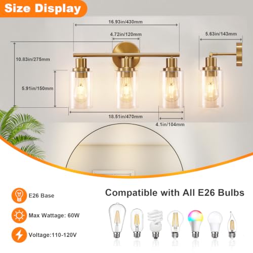 Image of DLLT 3-Light Bathroom Light Fixtures: Gold Modern Vanity Wall Lights - Clear Glass Shade Bathroom Wall Lamp for Mirror Kitchen Living Room Hallway Cabinet Porch