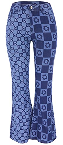 Paodikuai Women Patchwork Jeans Bell Bottom Raw Hem Denim Pants Slim Bootcut Jean (Large, S2-Blue) #TOP23