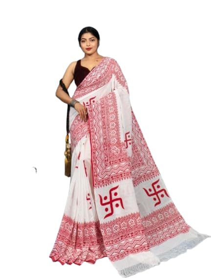 Traditional Assamese Style White Handwoven Cotton Saree with Red Swastik Wear with Blouse Piece-picture-40