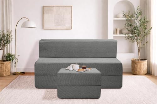 Image of Rosebell Foldable Sofa-Cum-Bed with Ottoman | 3-in-1 Convertible Sofa, Lounger & Bed-4X6 Feet 2 Seater- Perfect for Home & Office -Grey-Color
