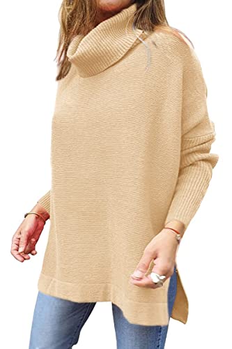 Image of yoeasy Women's Turtleneck Oversized Long Batwing Sleeve Pullover Sweater Spilt Hem Knit Sweater