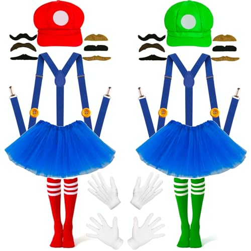 Costume de Mario et Luigi - Costume de carnaval Mario Bros, bonnet, jupes, chaussettes, gants,...
