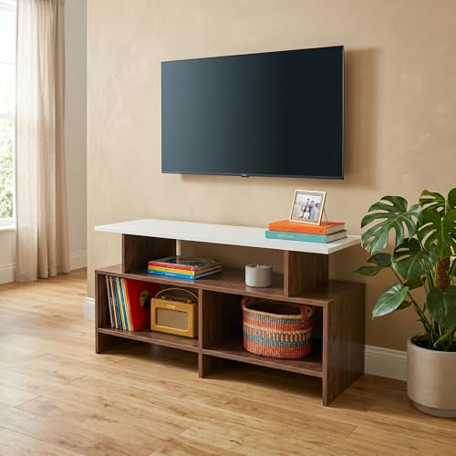 Image of Alpine Willow TV Stand Wooden (DIY Assembly) | TV Stand Table for 32-50 Inch TVs | TV Unit for Living Room | TV Entertainment Unit | TV Cabinet with Storage -110x30x57 cm (Walnut)