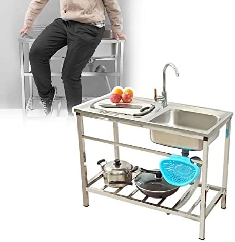 Stainless Steel Kitchen Sink Utility Sink with Drainboard, Freestanding Single Bowl Sink for Indoor Outdoor Patio Laundry Room Restaurant Workshop Garages, Utility Washing Hand Basin