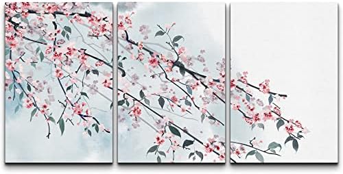 wall26 - 3 Panel Canvas Wall Art - Ink Painting Style Pink Cherry Blossom on The Branch - Giclee Print Gallery Wrap Modern Home Art Ready to Hang - 16"x24" x 3 Panels