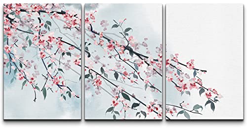 wall26 3 Panel Canvas Wall Art Ink Painting Style Pink Cherry Blossom on The Branch - Giclee Print Gallery Wrap