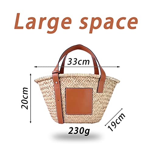 Image of Straw Basket Tote Bag for Women PU Leather Strap Hollow Woven Top Handle Straw Purses and Handbags