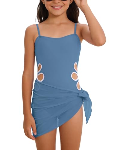 IBTOM CASTLE Kids Girls Swimsuit Adjustable Straps Swimwear Cutout One Piece Bathing Suit with Cover Up Skirt Navy Blue 13-14 Years