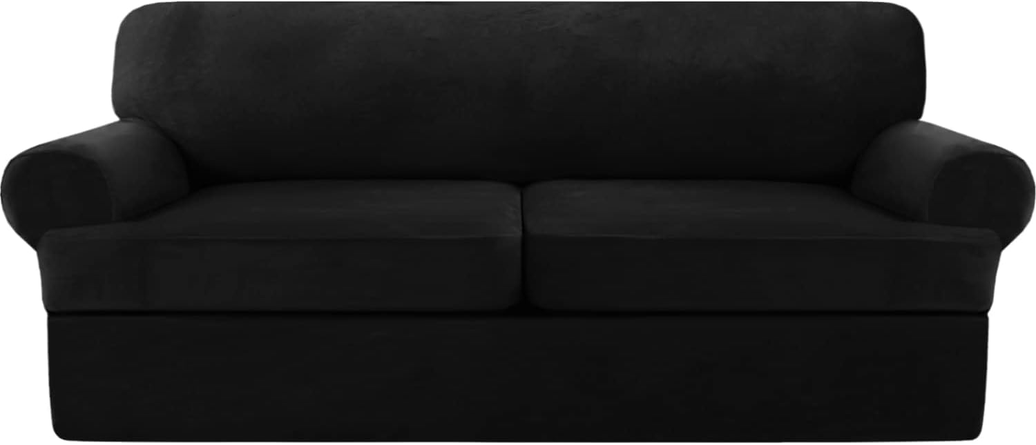 Velvet T-Cushion Sofa Cover 3-Piece Set – Stretchable Loveseat Sofa Slipcover for 2-Seater Couches, Includes 2 T-Cushion Covers – Soft Furniture Protector (Taupe, Loveseat XL)