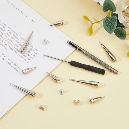 SUPERFINDINGS 50 Sets Long Punk Spikes and Studs for Clothes Large Leather Rivets Screwback Studs with Screwdriver and Hole Craft Silver Cone Spikes for Cosplay Clothing Shoes Belts Bags Dog Collars - Image 4