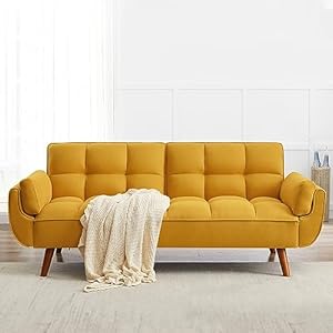 KIKO Modern Futon Sofa Bed, Linen Futon Couch Twin Size, Convertible Sleeper Sofa with Splitback Backrests and Pillow Top Armrests for Small Spaces, Living Room, Bedroom (Yellow)