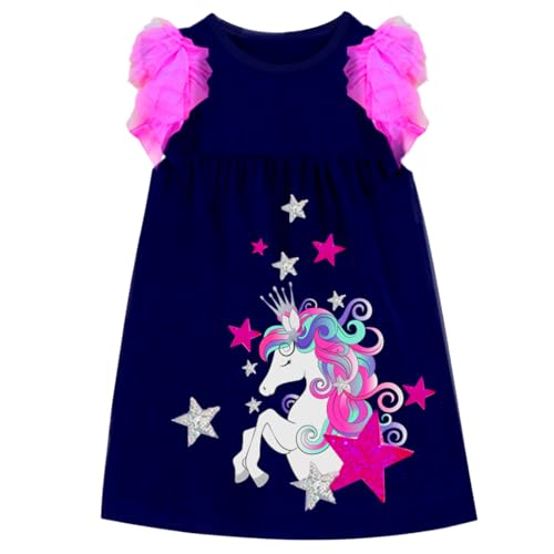 DXTON Toddler Girls Cotton Dress Casual Summer Short Sleeve Cute Cartoon Print A-line Sundress Home School 3-10 Years