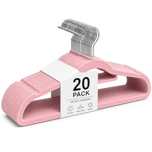 1ABOVE Premium Quality 20 pack Non-Slip Velvet Hangers (44cm) Heavy Duty Velvet Suit Hangers with Tie Bar 360 Swivel Hooks Space saving sturdy to hold Jacket Jumper & Pullover(Set of 20-PINK)