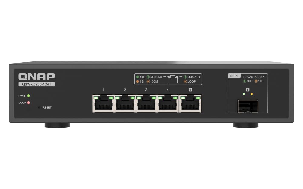 QNAP 5-Port Multi-Gig 10GbE Lite-Managed Network Switch (QSW-L3205-1C4T-US) – 4× 10/5/2.5/1G RJ-45, 1× SFP+/RJ-45 Combo