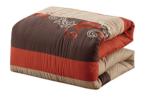 Chezmoi Collection Napa 7-Piece Luxury Autumn Leaves Scroll Embroidery Bedding Comforter Set (King, Rust Orange/Brown/Taupe)