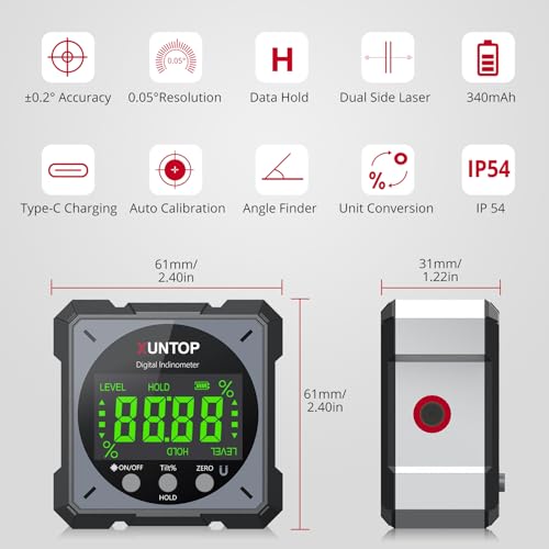 Image of XUNTOP USB Charging Digital Level Box Angle Finder with Laser (Class 2, <1mW Output), 4-Side Strong Magnetic Angle Gauge IP54 Waterproof Inclinometer Level, Saving Effort Hanging Decorations-Gray