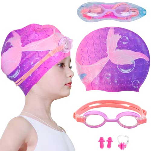 Ausletie Kids Swim Caps For Girls, Silicone Waterproof Swimming Cap For Kids, Durable Comfortable Swimming Caps For Girls, Fit For Long And Short Hair (Purple Mermaid, Age 2-6) #TOP6