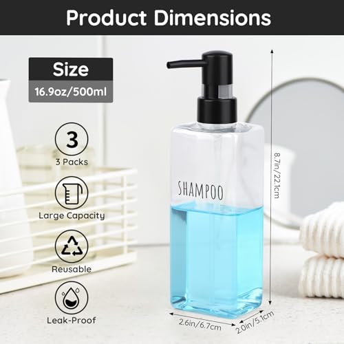 Image of Segbeauty Clear Soap and Lotion Dispenser Set, Pack of 3 16.9oz Refillable Shampoo and Conditioner Dispenser, 500ml Plastic Square Modern Soap Dispenser Bathroom, Shampoo Bottles Refillable with Pump