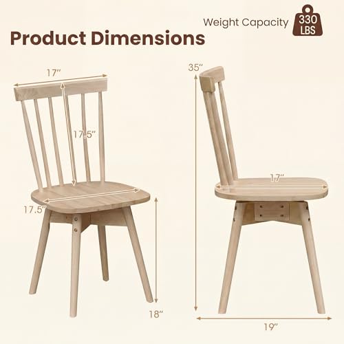 Image of COSTWAY Swivel Windsor Dining Chairs Set of 2, Farmhouse Solid Rubber Wood Kitchen Side Chair w /Curved Spindle Back, Armless Accent Chairs for Home, Dining Room, Living Room, Restaurant (Natural)