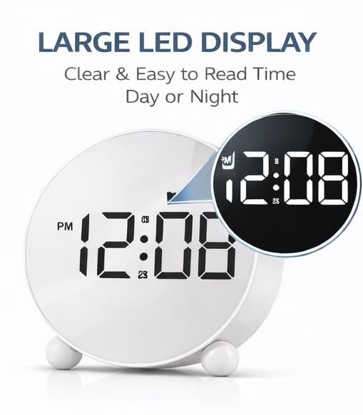 Image of Zollyss Alarm Clock for Study Table | Digital Alarm Clock with Round LED Display & Double Bell | Dual Alarm, 3-Level Brightness | Desk & Table Clock for Bedroom, Office (White)