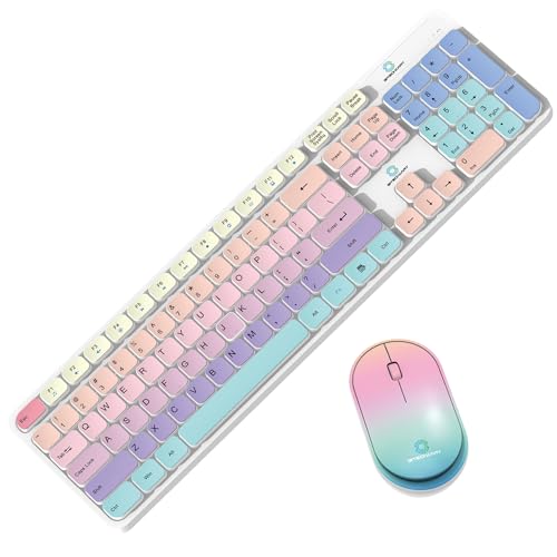 Image of Wireless Keyboard and Mouse Combo with Chocolate Keycaps, 104 Keys, 2.4 GHz, Multicolor, DPI 1600, Plug and Play, Silent Typing, Ergonomic, for Windows, MacOS, Laptop, PC, Linux, White