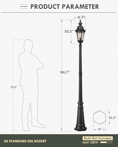 Image of HWH Outdoor Pole Lights with Post 85'' Aluminum Lamp Post Light Fixtures with Seeded Glass, Exterior Hardwired Street Light for Outside Yard Garden Pathway, Matte Black, 5HW90PL BK