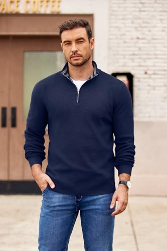 COOFANDY Mens Quarter Zip Pullover Slim Fit Lightweight Sweater Casual Mock Neck Knit Polo Sweater2