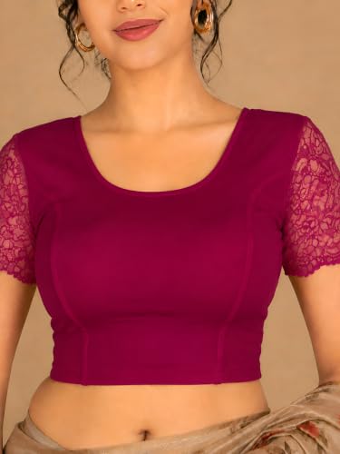 Image of Abhi Cotton Readymade Saree Blouse for Women- Half Net Sleeves, Round Neck, Regular-fit, Stretchable, Pull-on Style Blouse
