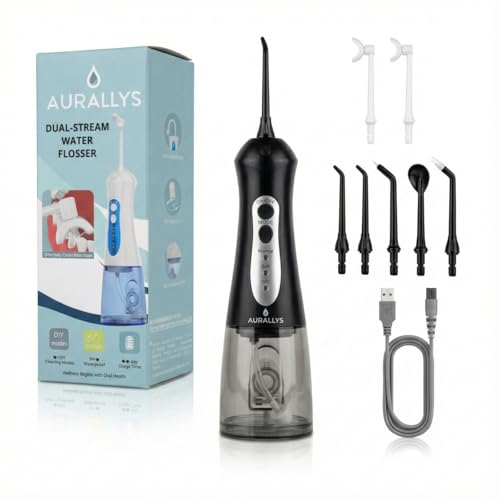 Irrigador Bucal Inalámbrico Aurallys, IPX7 Impermeable, Incluye 7 Boquillas, Batería 2000mAh, Tanque 280ml, 3+DIY Modos (Negro)