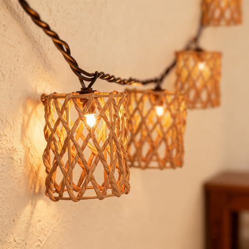 Decorative String Lights Plug in with 10 Incandescent Bulbs, Handwoven Rattan Cylinder-shaped Boho Lantern String Lights Connectable Weatherproof Outdoor Indoor for Bedroom Patio Pergola Decor (Beige)