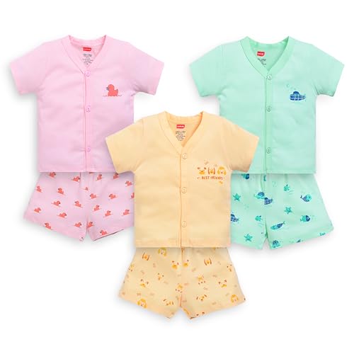 Image of LuvLap Baby Boys & Girls Regular Fit 100% Cotton Half Sleeve Jhabla & Shorts Sets Pack of 3